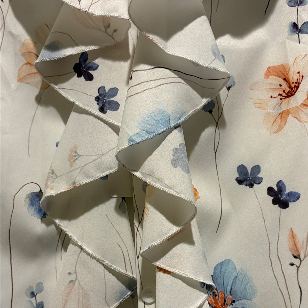 Floral Ruffle Blouse - White with Blue and Orange Accents - Picture 2 of 4